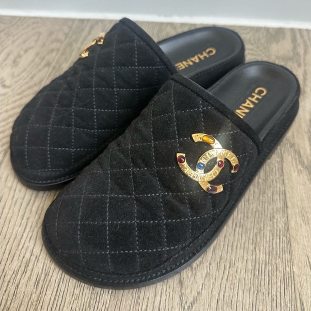 Chanel Black Quilted Slippers with Gold Logo